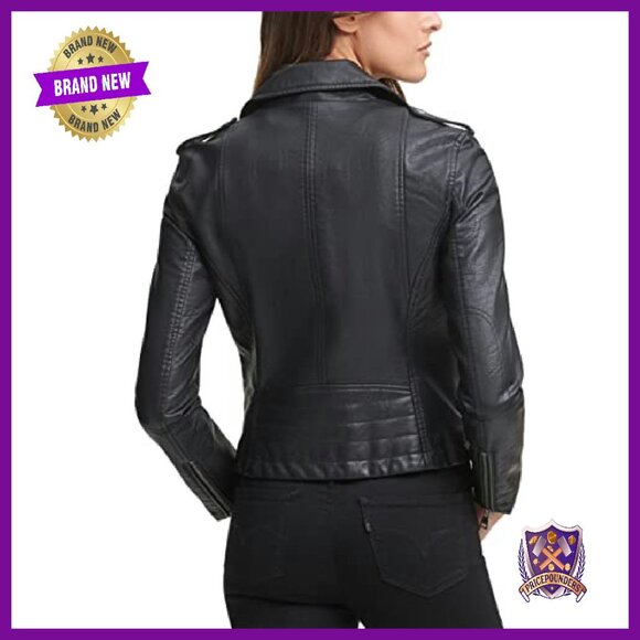 Faux Leather Moto Jacket - Classic Motorcycle Style - Regular & Plus Sizes - Picture 5 of 7